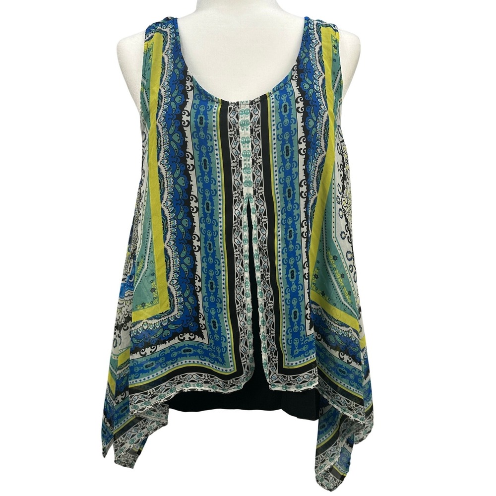 I.N. Studio Womens XL Paisley Bohemian Handkerchief‎ Hem Layered Top Blue Green